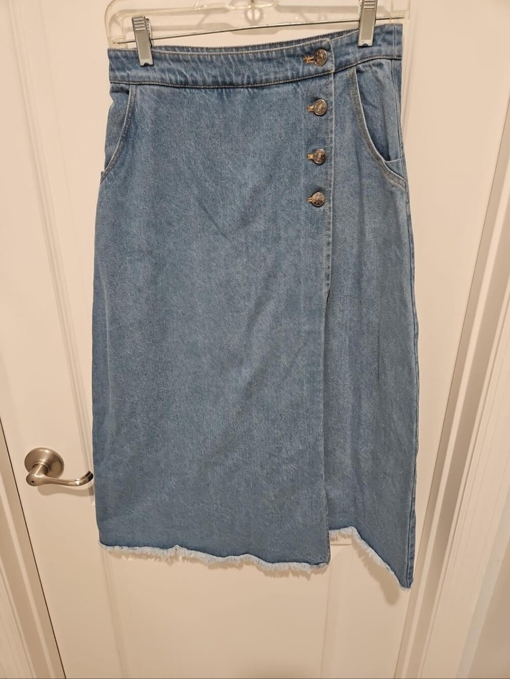 BLANC Y2K Denim Midi Skirt Size 12 Asymmetrical Button Front Raw Hem